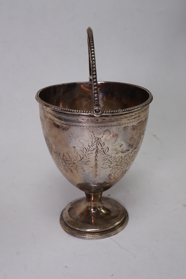 A George III silver pedestal sugar basket, by Burrage Davenport, London, 1779, with beaded border and engraved decoration and monogram, height 12.3cm, 6oz. Condition - poor to fair